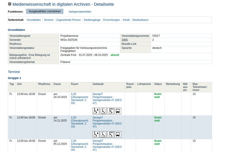Projektseminar HU Berlin: Medienwissenschaft in digitalen Archiven, Wintersemester 2025/26
